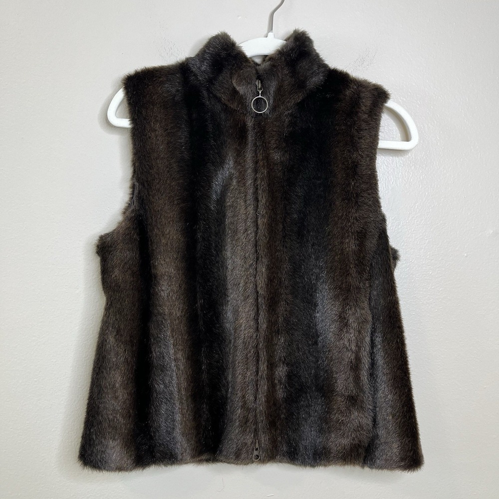 Women's Faux Fur Vest Full‎ Zip Ann Taylor Luxury Mock Neck Small